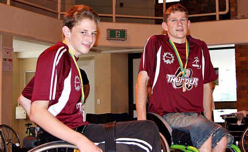 SHOOTING STAR: Gympie wheelchair basketball sensation Steven Elliott (right) returned from the national titles with a bronze medal and an increased desire to play for Australia. He is pictured here with fellow Queensland team member Jake Fulwood. SHOOTING STAR: Gympie wheelchair basketball sensation Steven Elliott (right) returned from the national titles with a bronze medal and an increased desire to play for Australia. He is pictured here with fellow Queensland team member Jake Fulwood.